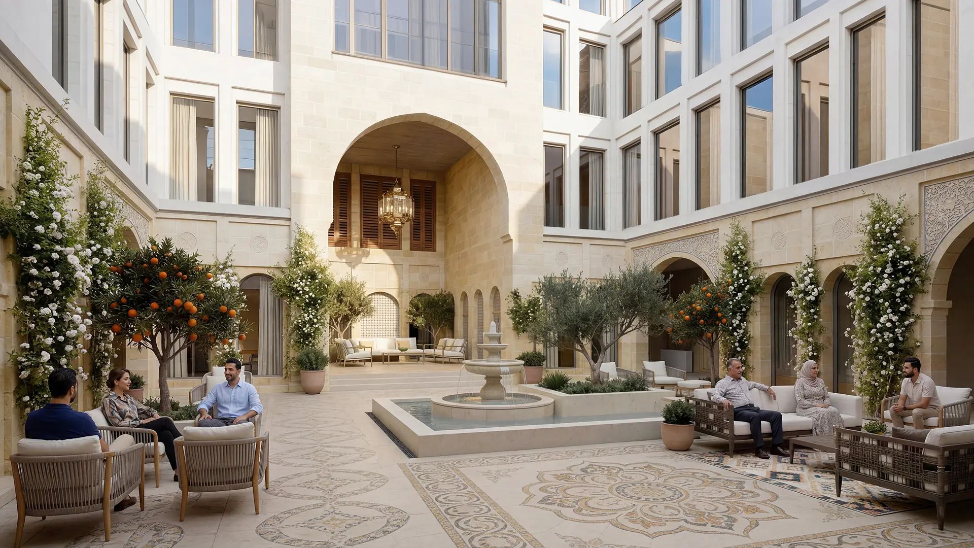 Stone courtyard with a fountain, citrus trees and seating at Damascus Heights