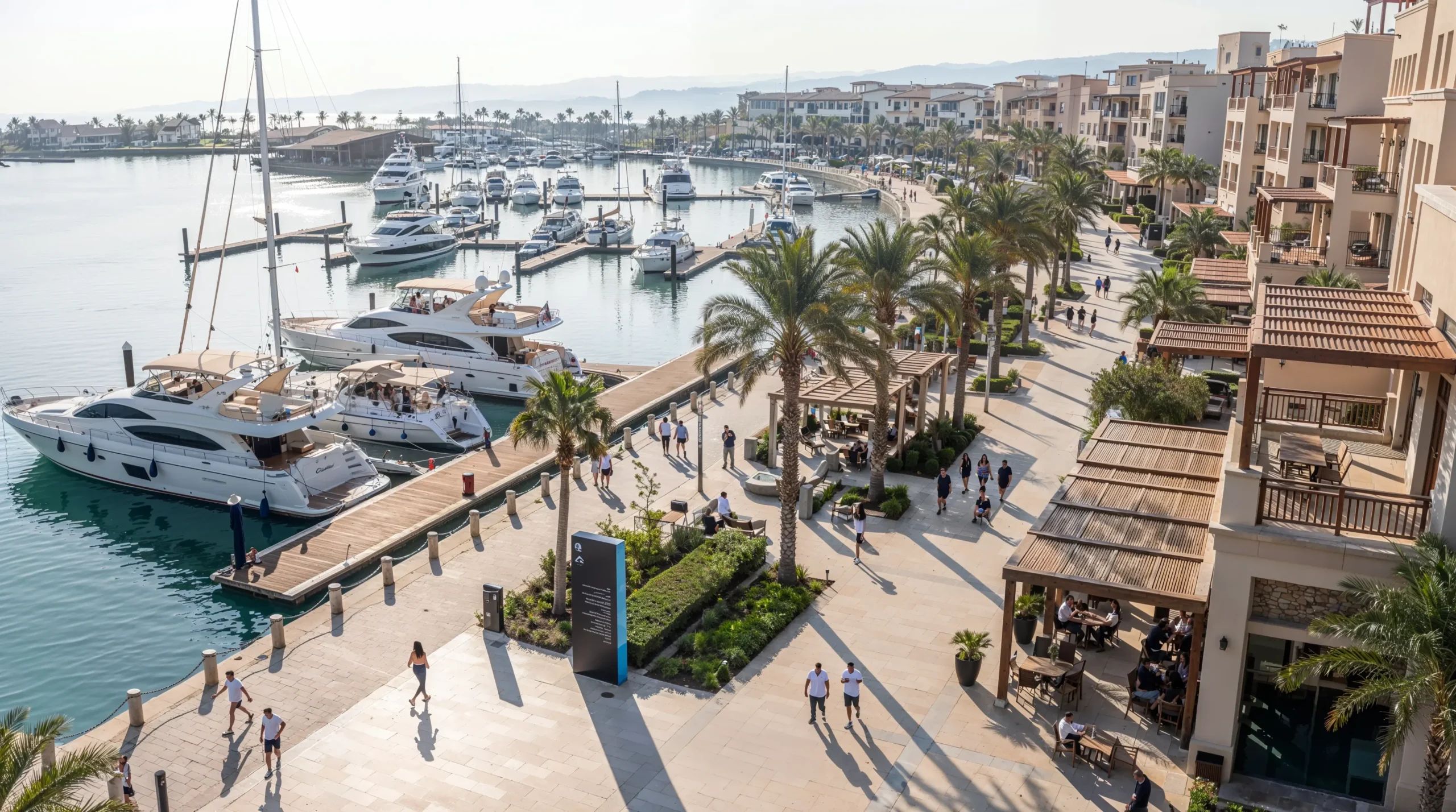 Yachts along the quay and the palm-lined promenade at the Latakia marina