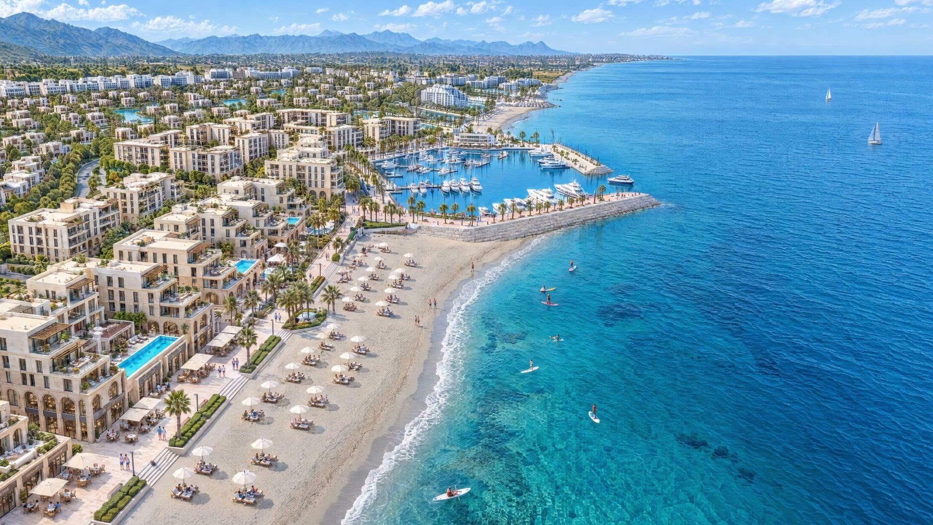 Aerial view of the marina, beach and residences of Latakia Yachts & Marina on the Mediterranean
